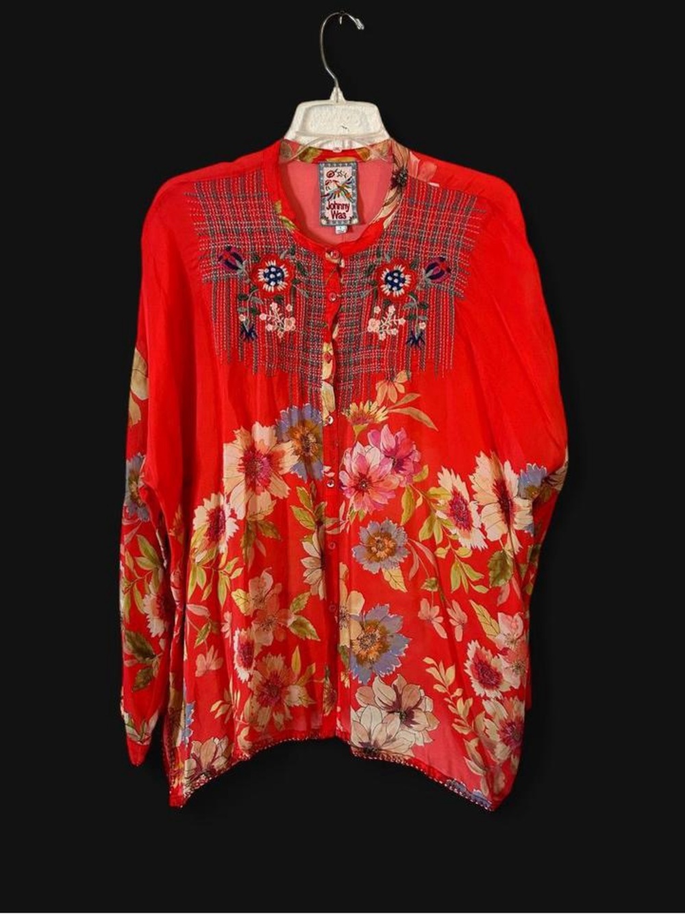 Johnny Was MISHA coral geometric floral embroidered blouse
